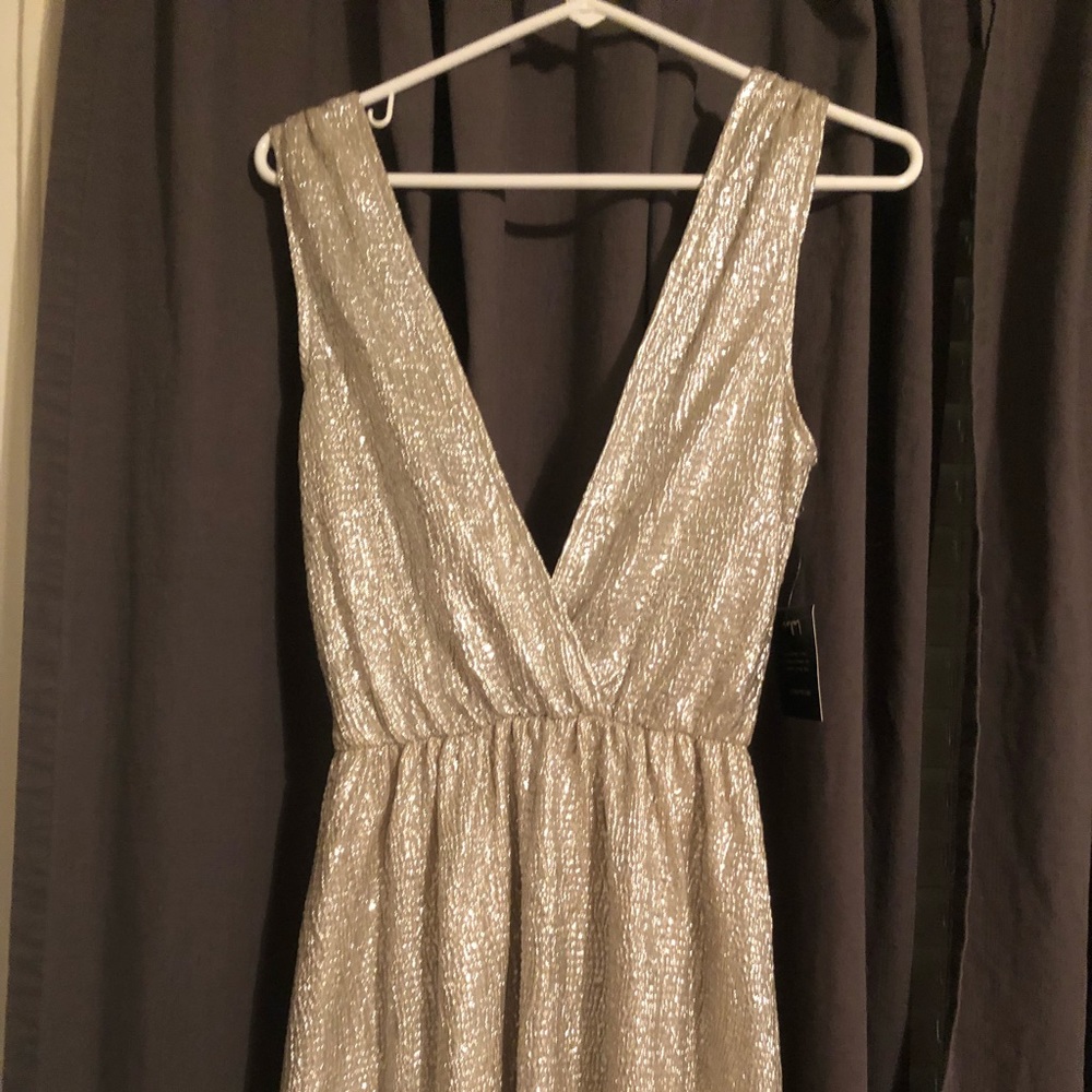 Champagne colored maxi length shimmer dress
